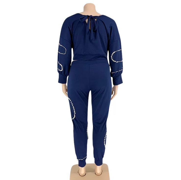 Luxury Plus Size Two Piece Pants Set in Blue with Elegant Pearl Accents and Flared Sleeves for Women