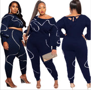 Luxury Plus Size Two Piece Pants Set in Blue with Elegant Pearl Accents and Flared Sleeves for Women