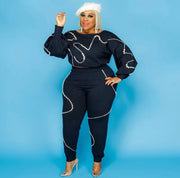 Luxury Plus Size Two Piece Pants Set in Blue with Elegant Pearl Accents and Flared Sleeves for Women