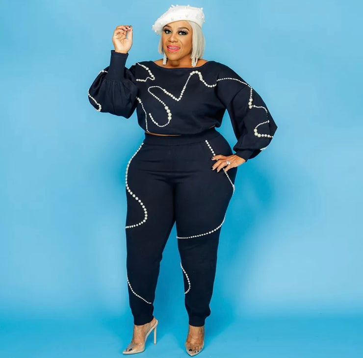 Luxury Plus Size Two Piece Pants Set in Blue with Elegant Pearl Accents and Flared Sleeves for Women
