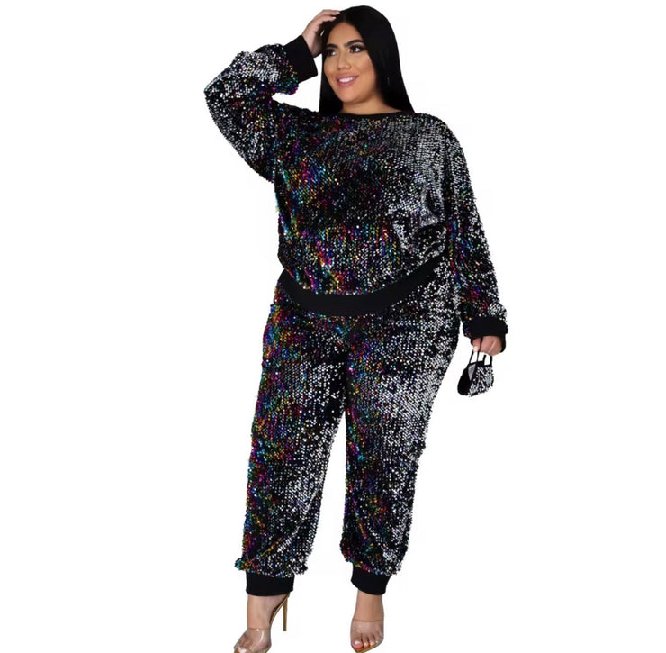 Black luxury Bling Two piece pant set. Plus size women’s Womenswear set.