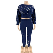 Luxury Plus Size Two Piece Pants Set in Blue with Elegant Pearl Accents and Flared Sleeves for Women