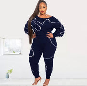 Luxury Plus Size Two Piece Pants Set in Blue with Elegant Pearl Accents and Flared Sleeves for Women