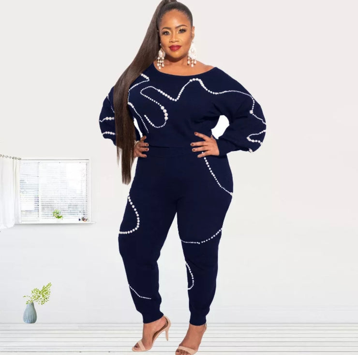 Luxury Plus Size Two Piece Pants Set in Blue with Elegant Pearl Accents and Flared Sleeves for Women
